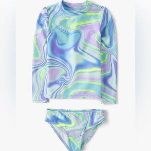 NWT The Children's Place UPF-50 Blue and Purple Rashguard Swim Set, Girls 10